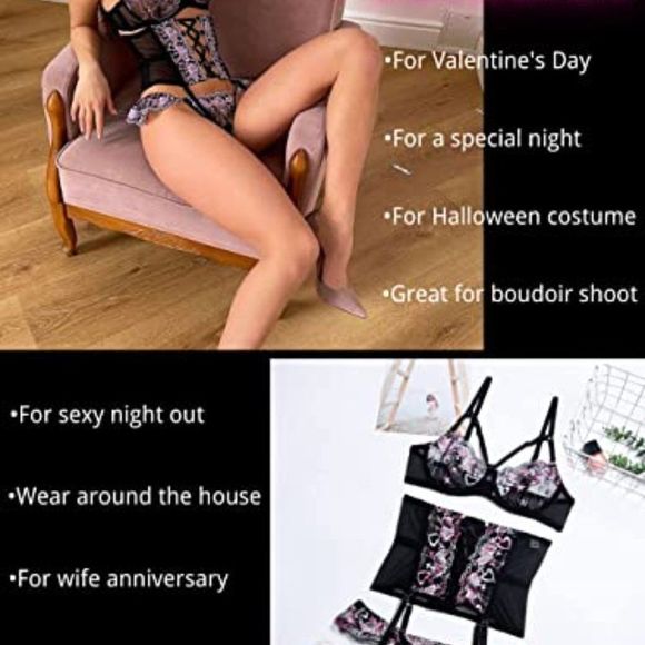 Kaei&Shi Heart Embroidered Mesh Sheer,Underwire,High Waisted Cincher,3 Pieces - Picture 2 of 3